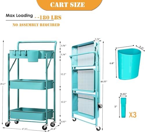 BEEY Foldable Metal Storage Cart Rolling Baskets with Wheels, No Assembly, Metal Wire Market Basket Storage Organizer Stackable Storage Bins for Kitchen,Pantry,Bedroom (Blue, 3 Tier-3665)