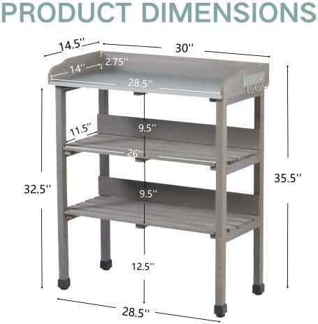 Multi-Functional Patio Storage Cabinet, 3-Tier Outdoor Potting Bench with Adjustable Support Feet & Tool Hooks,for Indoor Outdoor Multipurpose Use,Grey