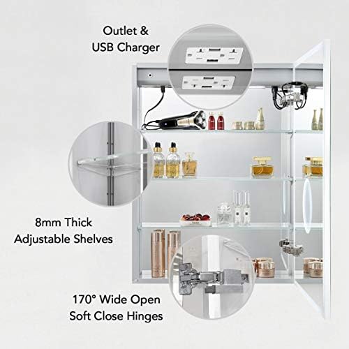 Blossom LED Medicine Cabinet with Mirror, 24x32 in, Lighted Bathroom Mirror Medicine Cabinet, Defogger, Recessed/Surface 3X Makeup Mirror, Adjustable Brightness, Outlets & USB, A2(M)-24-Right Hinge