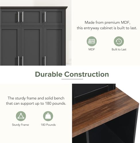 Hall Tree with Bench and Shoe Storage Compartments, Particle Board Multi-Functional Entryway Cabinet with 4 Hanging Hooks, Black