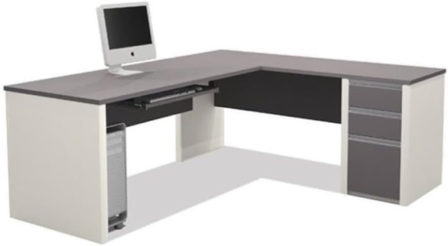BOWERY HILL L-Shaped Computer Desk, Sandstone Finish, Manufactured Wood and Laminate, 71 in W x 82 in D, Commercial Grade Workstation with File Drawers and Keyboard Shelf, Reversible Return for Home
