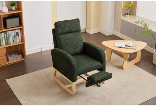 Upholstered Nursery Glider Rocking Chair, Modern Accent Armchair with High Backrest & Side Pocket, Comfy Rocker for Living Room Bedroom, Dark Green, Solid Wood Legs