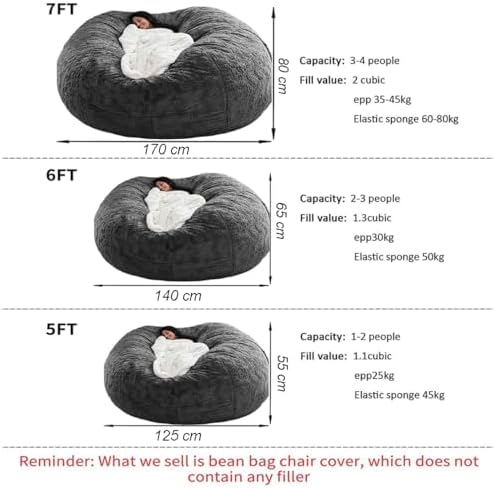 HDMLDP Bean Bag Chair Cover for Adults Kids Comfy Fluffy Giant Round Beanbag Cover Floor Chair Cover for Stuffed Animals Storage, 7FT, Black