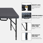 Folding Table 4FT, Portable Heavy Duty Plastic Folding Table with Handle, Waterproof, Easy to Clean, Adjustable Height, Anti-Slip Feet, 300LBS Capacity, Foldable for Indoor Outdoor Use(Black)