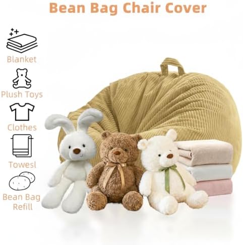 Stuffed Animal Storage Bean Bag Chair Cover,Corduroy Kids Sofa (No Filler) | Holds 80+ plush toys, 220LBS, soft washable, reinforced zipper. Playroom bedroom reading nook. Toddler teen adult. Cover only