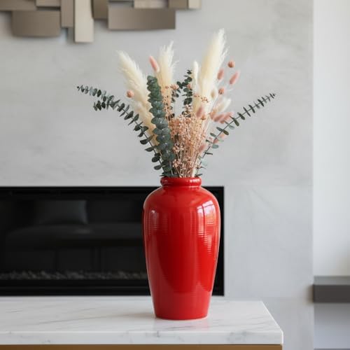Red Ceramic Vase for Home Decor - 11 Inch Tall Modern Decorative Vase for Centerpieces, Boho Flower Vase for Pampas Grass, Christmas, Living Room, Kitchen, Fireplace, Entryway, Shelf Decor