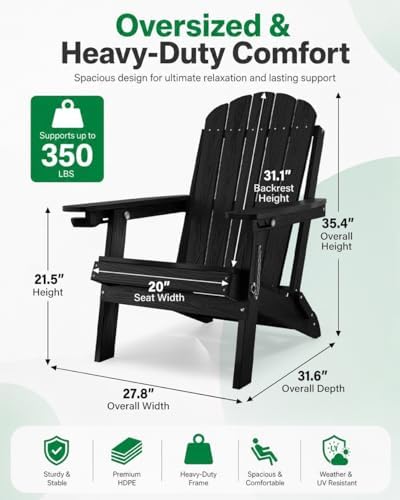 YEFU Adirondack Chairs Set of 2 for Outdoor: Folding Plastic Adirondack Chair with Cup Holder & Adjustable Back for Adult - All-Weather HDPE Weather Resistant for Patio Lawn - Easy Assembly(Black)