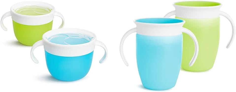 Munchkin® Snack™ Catcher Toddler Snack Cups, 2 Pack, Blue/Green & Miracle® 360 Trainer Sippy Cup with Handles, Spill Proof, 7 Ounce, 2 Pack, Green/Blue