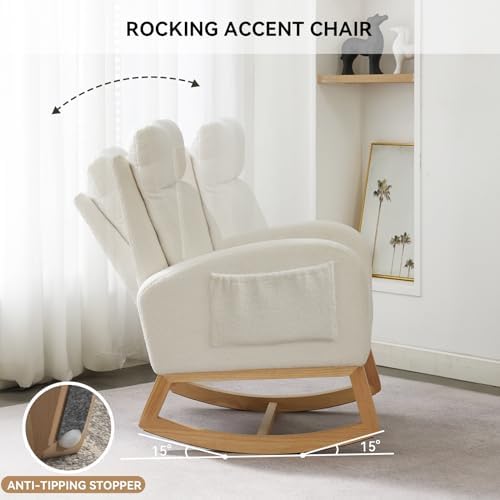 Indoor/Outdoor Recliner-Rocking Chair with Footrest, Headrest, and Side Pocket for Ergonomic Support in Nursery and Living Room,（Ivory）