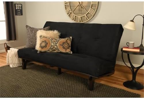 Kodiak Furniture Carson Full Size Futon Frame and Mattress Set - Java Brown Finish Wood Futon Frame with Mattress Included in Suede Black Color
