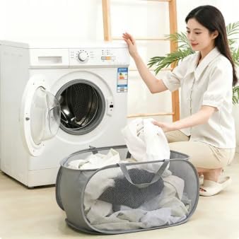 4 Piece Popup Mesh Laundry Basket Durable Handles Collapsible Laundry Baskets Folding Clothes Pastic Hamper for Laundry Room College Dorm (Gray/Black/Navy blue/Green)