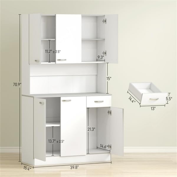 Kitchen Storage Cabinet with Multiple Doors, Drawer, Adjustable Shelves, and Open Countertop for Microwave, Toaster, or Coffee Maker – Pantry Organizer with Anti-Tip Safety Strap (White)