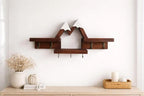 Rustic Mountain Wall Shelf with Hooks, Wood & Metal Wall Storage Organizer, Decorative Floating Shelves for Entryway Bedroom Nursery, Farmhouse Style Home Decor