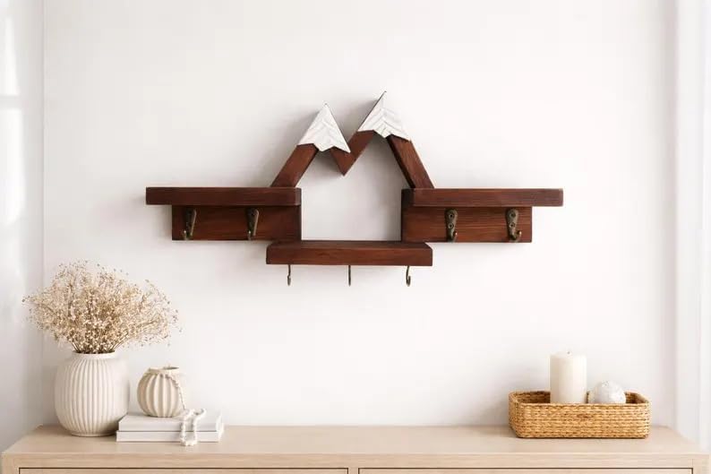 Rustic Mountain Wall Shelf with Hooks, Wood & Metal Wall Storage Organizer, Decorative Floating Shelves for Entryway Bedroom Nursery, Farmhouse Style Home Decor