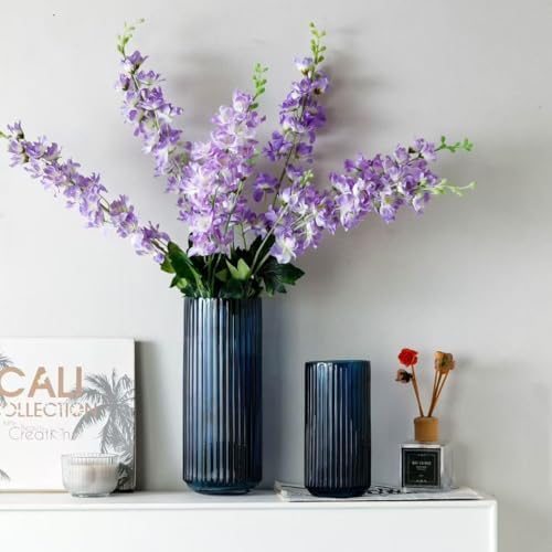 TIMEFOTO 7.5 inch Blue Glass Flower Vase for Pampas Grass, Medium Decorative Centerpiece Ribbed Vase for Dining Table, Office Desktop, Shelf Bookshelf, Mantel, Entryway, Bathroom, Countertop,Gift