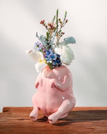 Quirky Pink Ceramic Raw Chicken Vase - Funny Uncooked Turkey Planter, Whimsical Dopamine Decor for Home & Office, Hilarious White Elephant Gag Gift, Unique Conversation Starter