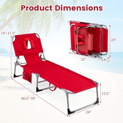 Goplus Tanning Chair, Folding Adjustable Patio Lounger w/Face Arm Holes, 4-Position, 330 LBS, Removable Cushion,Carry Strap, Outdoor Sunbathing Chair, Lightweight Portable Beach Lounge Chair (1, Red)