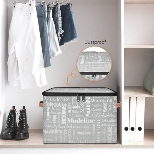 Custom Storage Basket with Name, Personalized Keepsake Box with Zipper Lid, Foldable Fabric Memory Bin Large capacity with Handle Grey
