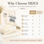MIZGI Kids Velvet Hangers,Non-Slip Big Kids Hangers,14 Inch Hangers for Youth,Teen Clothes,Pack of 50（Ivory/Silver）