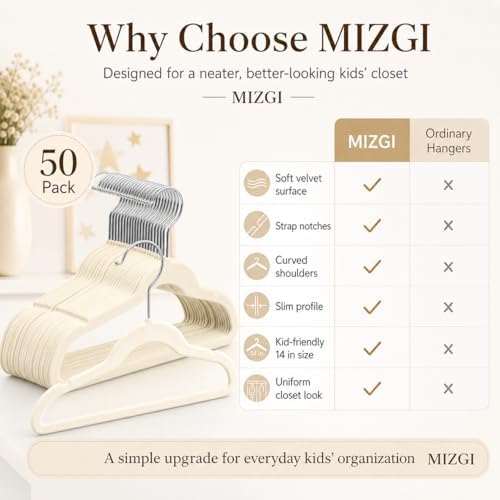 MIZGI Kids Velvet Hangers,Non-Slip Big Kids Hangers,14 Inch Hangers for Youth,Teen Clothes,Pack of 50（Ivory/Silver）