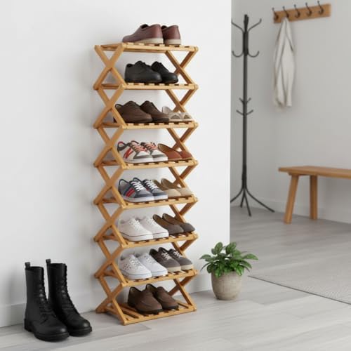 9 Tier Bamboo Shoe Rack – No Assembly Required, Holds 33 lbs per Tier Bamboo Expandable Shoe Rack, Space-Saving Collapsible Shoe Organizer for Entryway, Closet & Small Spaces (Brown, 7)