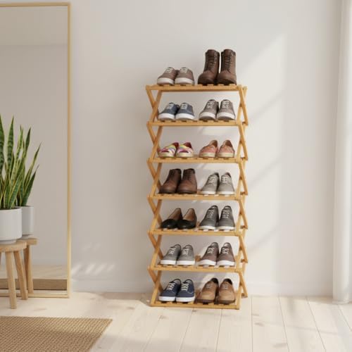 9 Tier Bamboo Shoe Rack – No Assembly Required, Holds 33 lbs per Tier Bamboo Expandable Shoe Rack, Space-Saving Collapsible Shoe Organizer for Entryway, Closet & Small Spaces (Brown, 7)