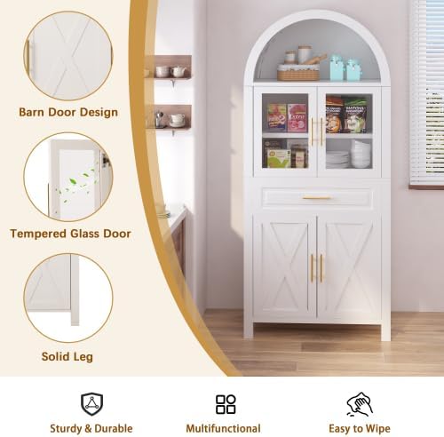 71" Tall Arched Pantry Cabinet, Farmhouse Kitchen Storage Cabinets with Adjustable Shelves & Glass Door, Drawer, Modern Display Versatile Cupboard for Kitchen Dining Room (White B)