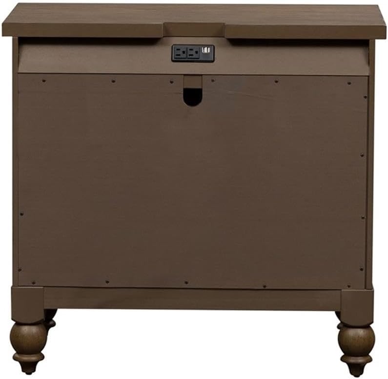 Pemberly Row Bedside Chest, Dusty Taupe Wire-Brushed Finish, 3 Drawers with Felt-Lined Top and Cedar-Lined Bottom, Built-in AC and USB Charging Station, Antique Brass Knob Hardware, Rustic Bedroom