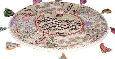 Sophia Art Beautiful Decorative Ruond Ottoman Indian Patchwork Pouffe,Indian Traditional Home Decorative Handmade Cotton Ottoman Patchwork Foot Stool, Embroidered Chair Cover Vintage Pouf 32" (White)
