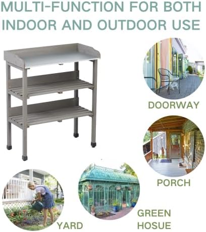 Multi-Functional Patio Storage Cabinet, 3-Tier Outdoor Potting Bench with Adjustable Support Feet & Tool Hooks,for Indoor Outdoor Multipurpose Use,Grey