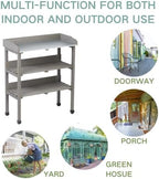 Multi-Functional Patio Storage Cabinet, 3-Tier Outdoor Potting Bench with Adjustable Support Feet & Tool Hooks,for Indoor Outdoor Multipurpose Use,Grey