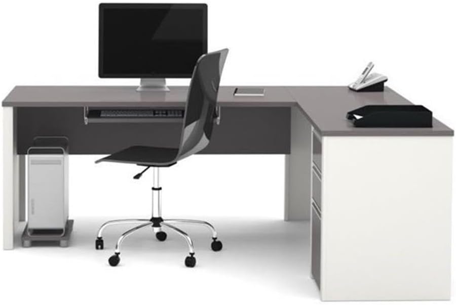 BOWERY HILL L-Shaped Computer Desk, Sandstone Finish, Manufactured Wood and Laminate, 71 in W x 82 in D, Commercial Grade Workstation with File Drawers and Keyboard Shelf, Reversible Return for Home