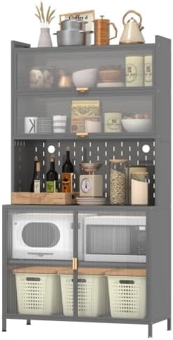 Anveffeg 73" Tall Kitchen Pantry Cabinet, 6 Tiers Flip Door with Pegboard Spacious, Adjustable Metal Pantry Storage Cabinet, Anti-Tip Design Hutch for Kitchen, Dining Room, Living Room Grey
