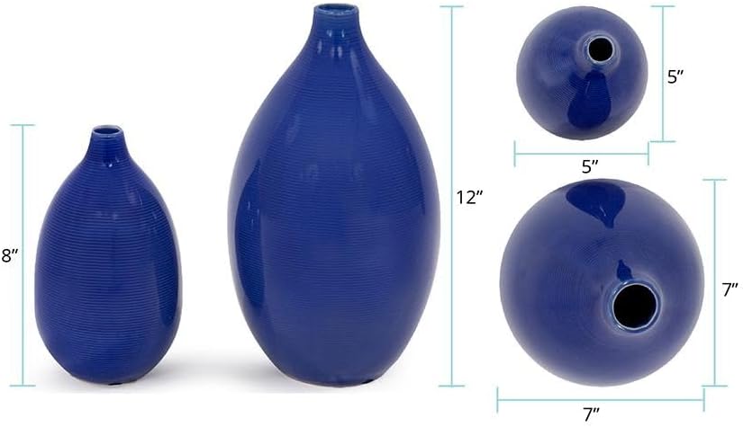 Howard Elliott Collection Glazed Ceramic Flower Or Decorative Home Vase Set, Cobalt Blue, 2 Piece, 7 x 12 Inch and 5 x 8 inch