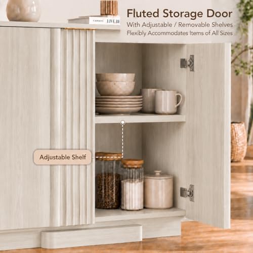 Yechen Buffet Cabinet with Storage, 55" Accent Sideboard Modern Credenza with Doors & Adjustable Shelves Fluted Media Console Wood Coffee Bar Table for Living Kitchen Dining Room White(4 Door)
