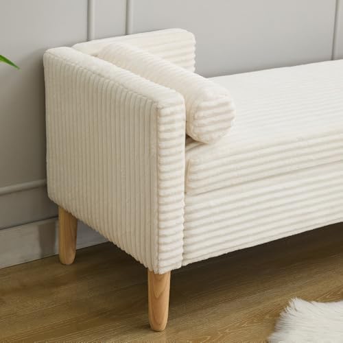 Corduroy Storage Soft Bench - Armrests, Backrest & 2 Bolster Pillows for Living Room Entryway Bedroom (65.35", Ivory)