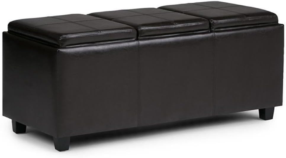 48"W Leather Storage Ottoman Bench with Trays, Upholstered, Footrest with Large Storage Space, Dark Brown Storage Chest with Wood Legs, Queen Size End of Bed Bench with Hidden Space for Blankets
