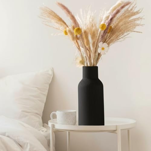 Black Ceramic Flower Vases Set of 3, Modern Matte Vertical Ribbed, Nordic Minimalist Decor for Pampas Grass, Dried & Fresh Flowers, Centerpiece for Living Room, Shelf, Entryway, Wedding