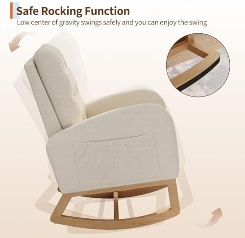 GAOMON Modern Rocking Chair for Living Room-Beige | Comfortable Recliner Rocker with Side Pocket, Soft Linen Upholstered Glider Chair for Bedroom, Nursery, Lounge