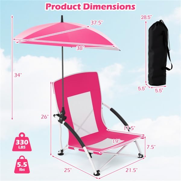 Portable Beach Chair with Detachable Umbrella, Pink, 600D Oxford Fabric, UPF 50+, 330 lbs Capacity, Includes Carry Bag