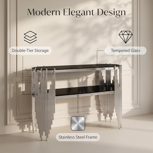 Modern Oval Console Table, 47 Inch Silver Sofa Tables with 2-Tier Black Tempered Glass Shelves & Polished Stainless Steel Frame Accent Side Table for Hallway Living Room (Silver+Black)