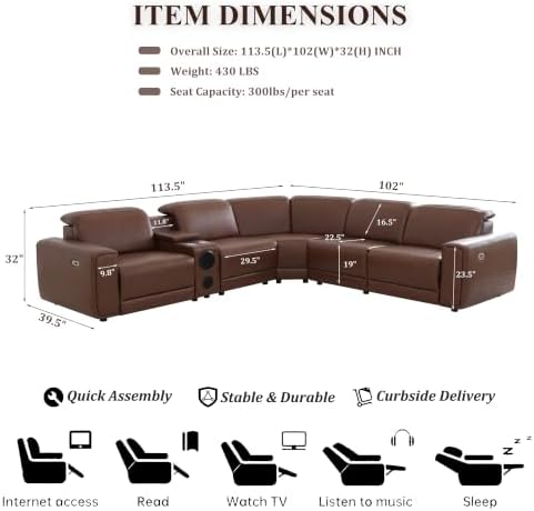 Power Recliner Sectional Sofa, L-Shaped Living Room Furniture Set, Reclining Sectional Couch with Storage Console/Cup Holder for Living Room/House/Apt (Brown, 5 Seater)