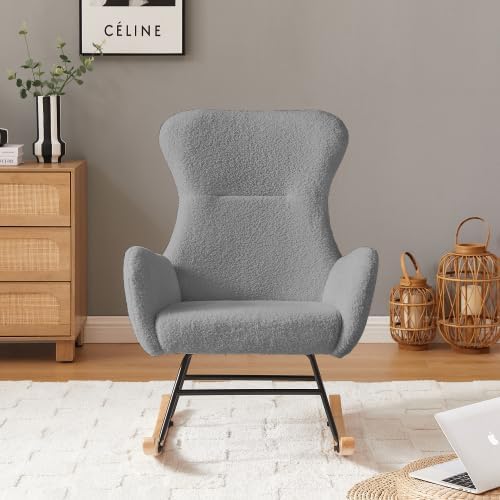 Rocking Chairs for Nursery Bedroom, Plush Teddy Accent Glider with Metal Frame & Solid Wood Legs, Cozy Adult Armchair, 250 Lbs Capacity, Grey