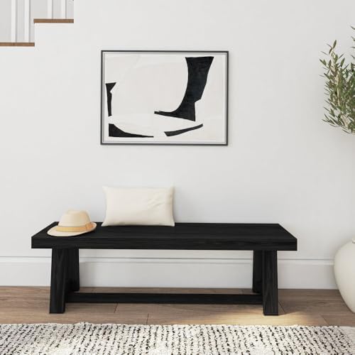 Plank+Beam 60 Inch Farmhouse Dining Bench, Solid Wood Entryway Bench, Wooden Outdoor Bench, Kitchen Dining Seat, Dining Room, Home Office, Living Room Furniture, Easy Assembly, Black Wirebrush