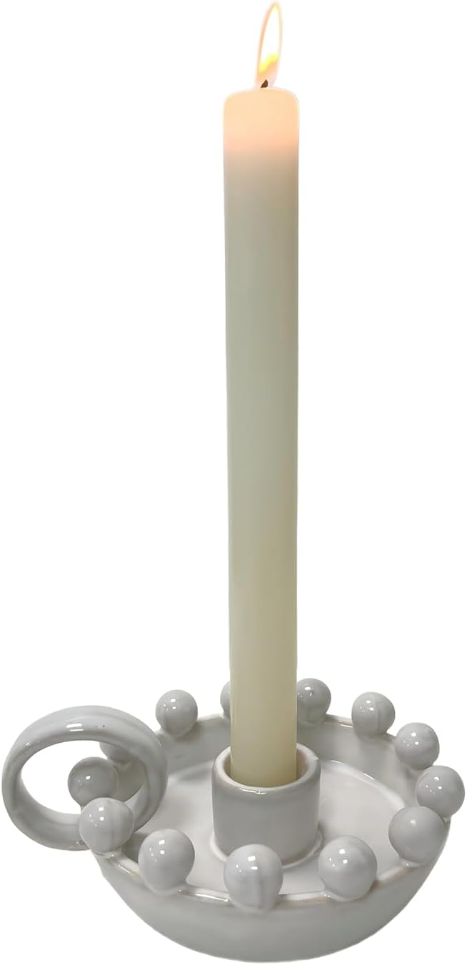 Ceramic Taper Candle Holder with Handle,Vintage White Glaze Farmhouse Beads Candlestick Holders for Mantel, Dining Home Decoration