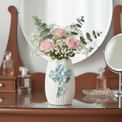 White Ceramic Vase - 7 inch Small Boho Vases Home Decor, 3D Floral Modern Vase for Pampas Grass, Centerpieces for Table, Kitchen, Living Room, Bathroom Decor