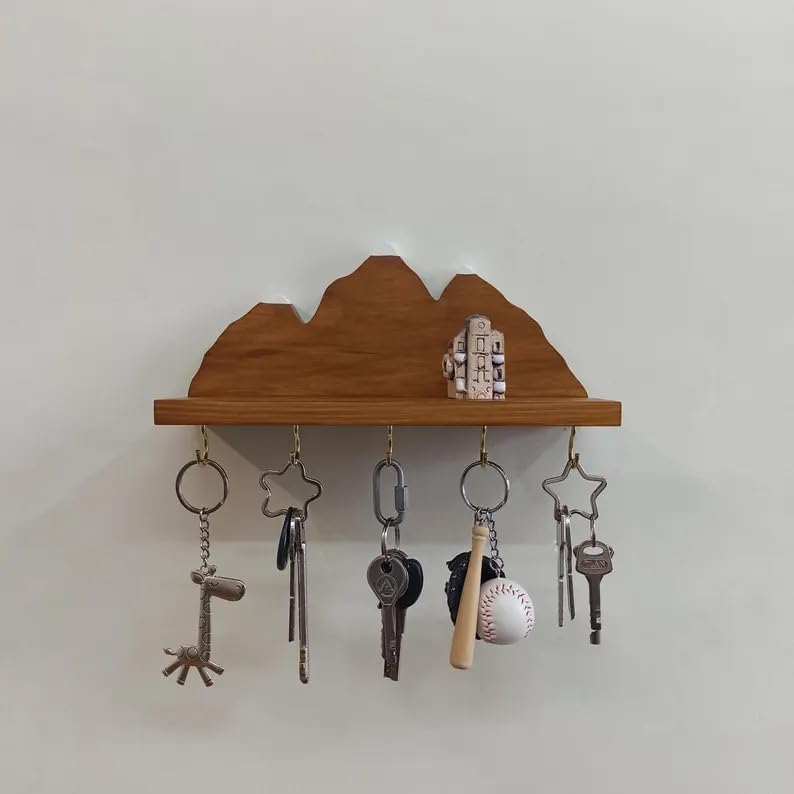 Wooden Mountain Key Holder with Shelf, Rustic Wall Mounted Key Rack, Decorative Entryway Organizer with 5 Hooks, Natural Wood Home Decor for Entryway Bedroom Kitchen