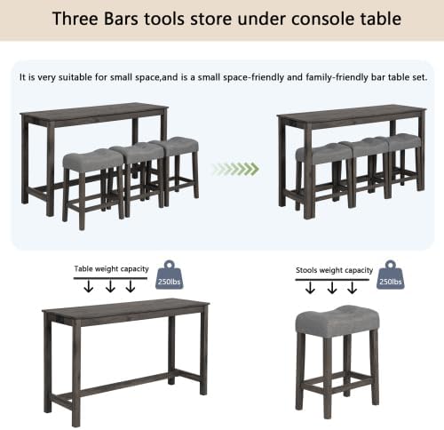KEIKI 4-Piece Bar Table Set with Power Outlet, USB Ports, and 3 Padded Stools, Dining & Game Room Furniture, Sturdy Wooden Frame, Rustic Faux Wood Design, Dark Gray