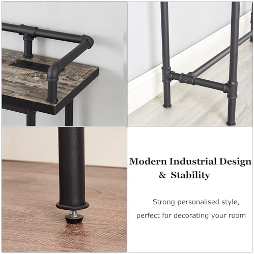 VECELO Narrow Sofa Table with Outlets & USB Ports, Industrial-Style Behind-Couch Table for Entryway, Hallway, Living Room, Bedroom, 39 Inch, Grey Oak