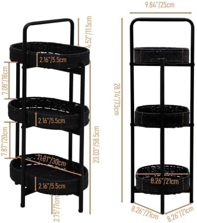 3 Tier Small Handwoven Side Table, Oval Portable Storage Organizer Shelf, Multifunctional Woven End Table for Kitchen Living Room Bedroom Balcony Picnic Outdoor Indoor (Black)